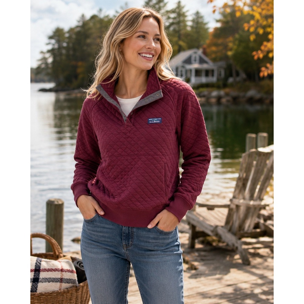 LL Bean Womens Quilted Snap-T Pullover Sweatshirt Burgundy S-REG Traditional Fit